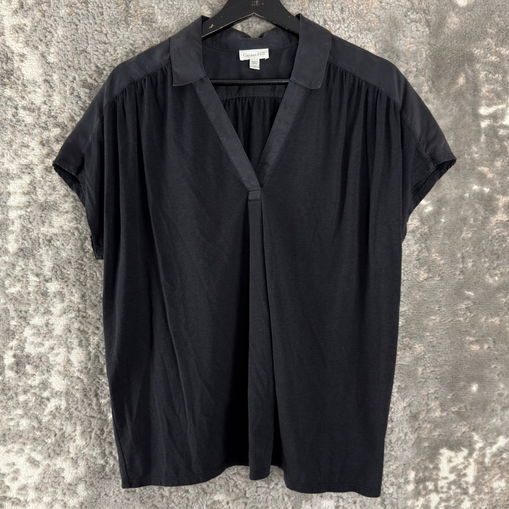 Garnet‎ Hill Size M Silk Cotton Blend V-Neck Short Sleeve Top Black Women